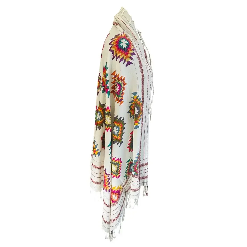 Vismaya White Multi-Color Geometric Aztec Fringe Shawl Scarf Wrap
